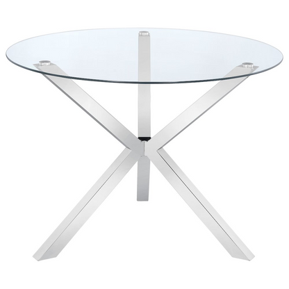 Vance 41-inch glass top Asterisk dining table with chrome finish, showcasing a modern round design and sturdy base.