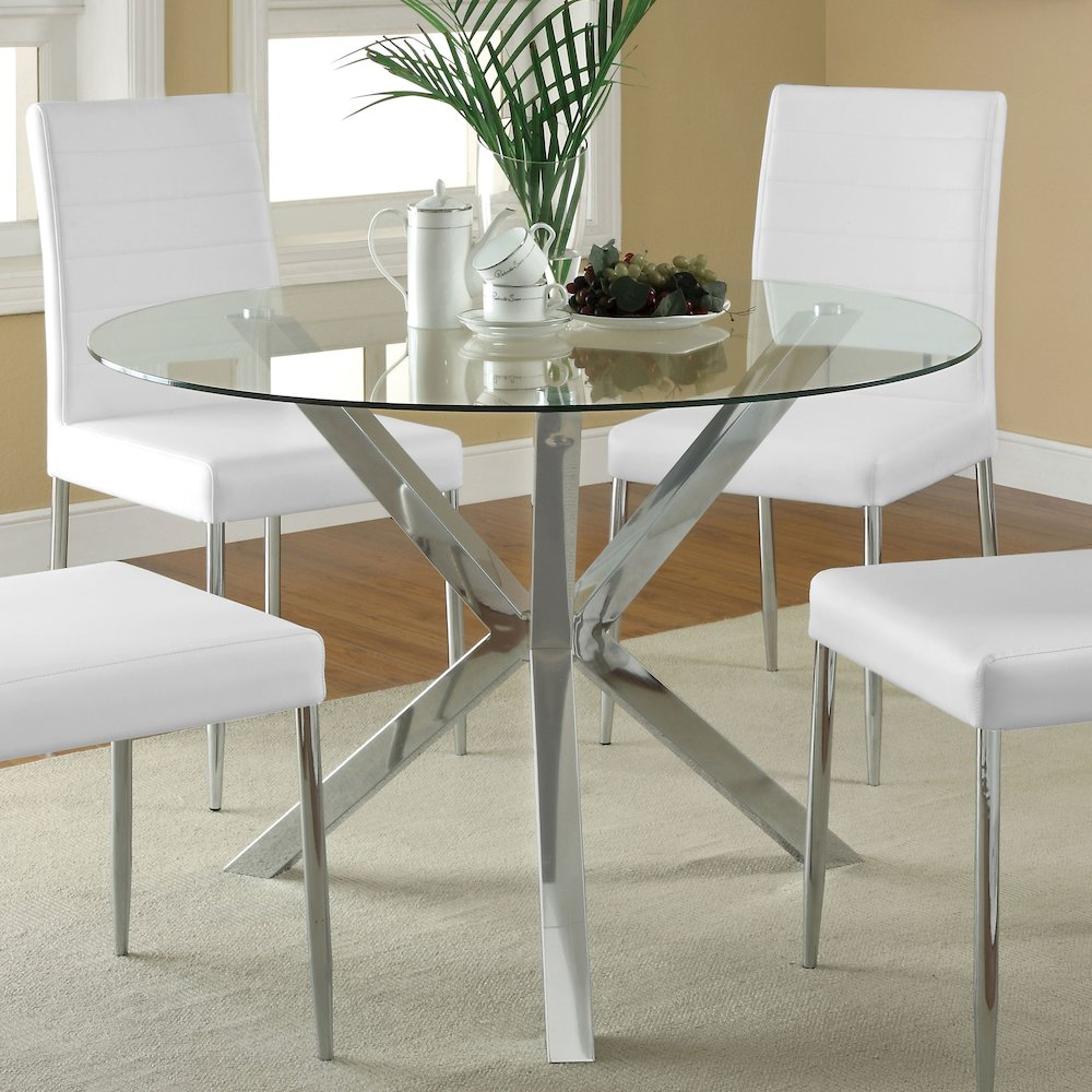 Start2Finish Vance round 41-inch glass top dining table with chrome Asterisk base in a modern kitchen setting