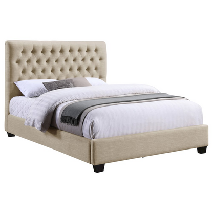 Chloe upholstered queen panel bed in oatmeal fabric with a padded headboard and clean-lined frame, shown in a bedroom setting.