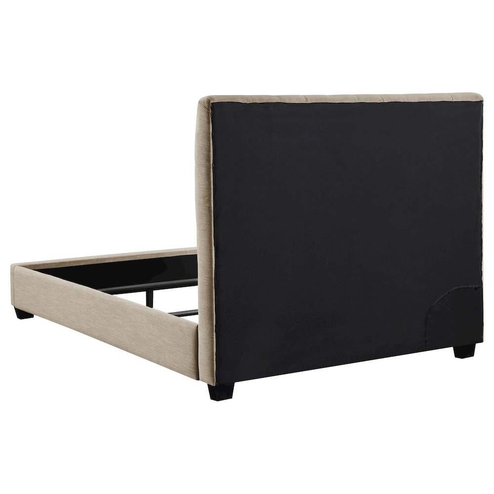 Chloe upholstered queen panel bed in oatmeal fabric with a padded headboard and clean, modern design.