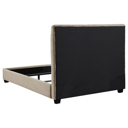 Chloe upholstered queen panel bed in oatmeal fabric with a padded headboard and clean, modern design.