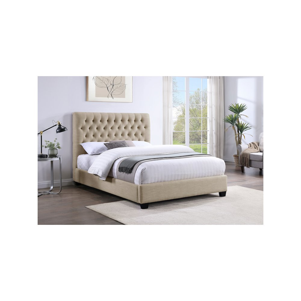 Chloe upholstered queen panel bed in oatmeal color with a padded headboard and wooden frame, ideal for a bedroom setting.