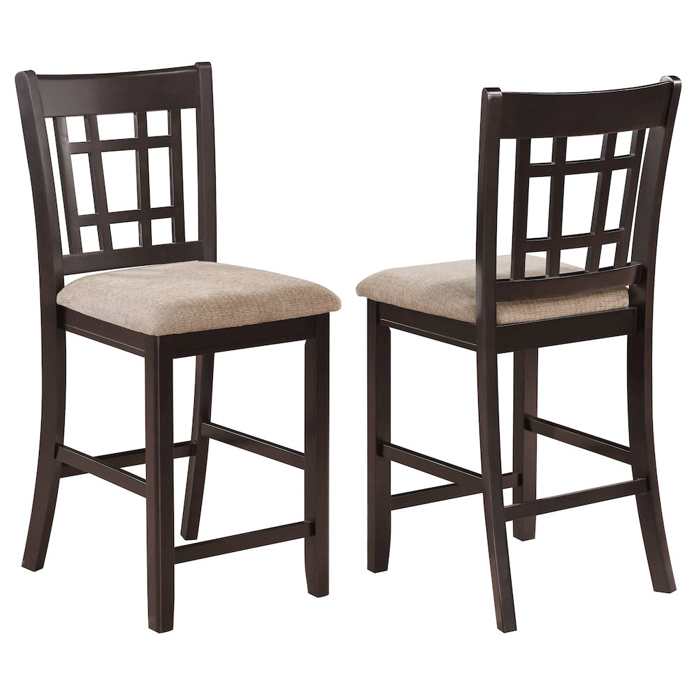 Set of two Lavon Wood Counter Chairs by Start2Finish with tan and espresso finishes, featuring wooden seats and sturdy frames.