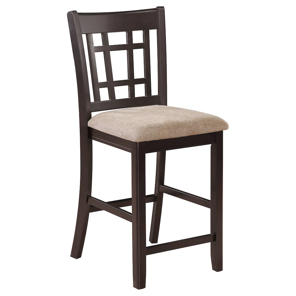 Set of two Lavon Wood Counter Chairs by Start2Finish with tan and espresso finishes, showcasing wooden seats and sturdy frames.