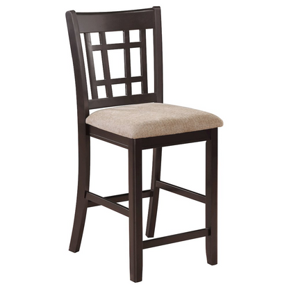 Set of two Lavon Wood Counter Chairs by Start2Finish with tan and espresso finishes, showcasing wooden seats and sturdy frames.