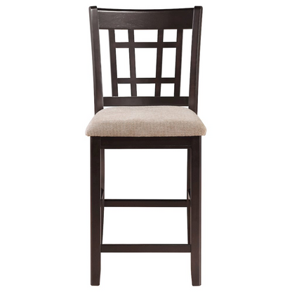 Set of two Lavon Wood Counter Chairs by Start2Finish in tan and espresso with wooden legs and contoured seats.