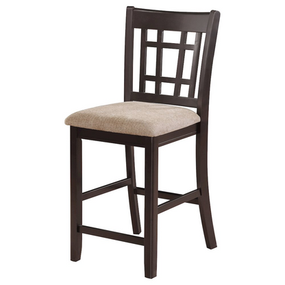 Set of two Lavon Wood Counter Chairs by Start2Finish, featuring tan and espresso finishes with wooden legs and cushioned seats.