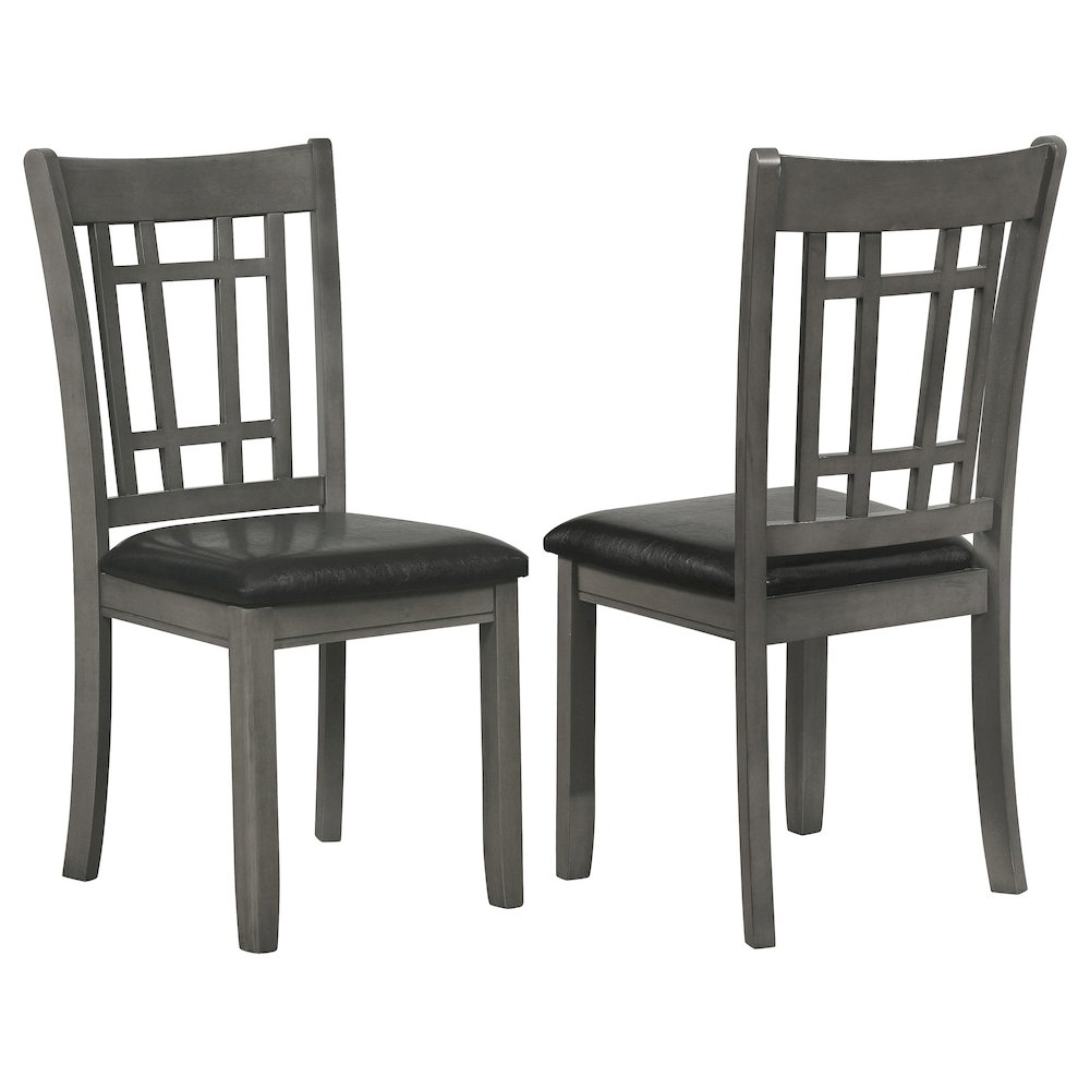 Set of two Lavon Wood Dining Side Chairs by Start2Finish in medium grey with sleek wooden frames and cushioned seats.