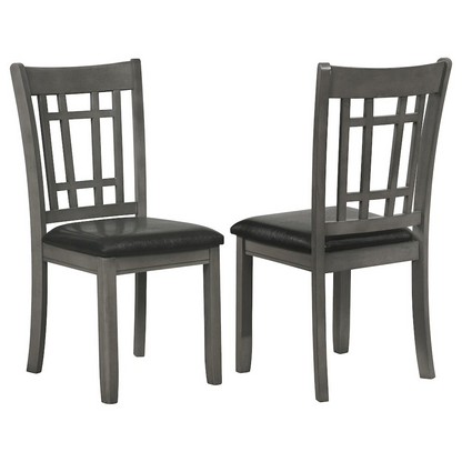 Set of two Lavon Wood Dining Side Chairs by Start2Finish in medium grey with sleek wooden frames and cushioned seats.