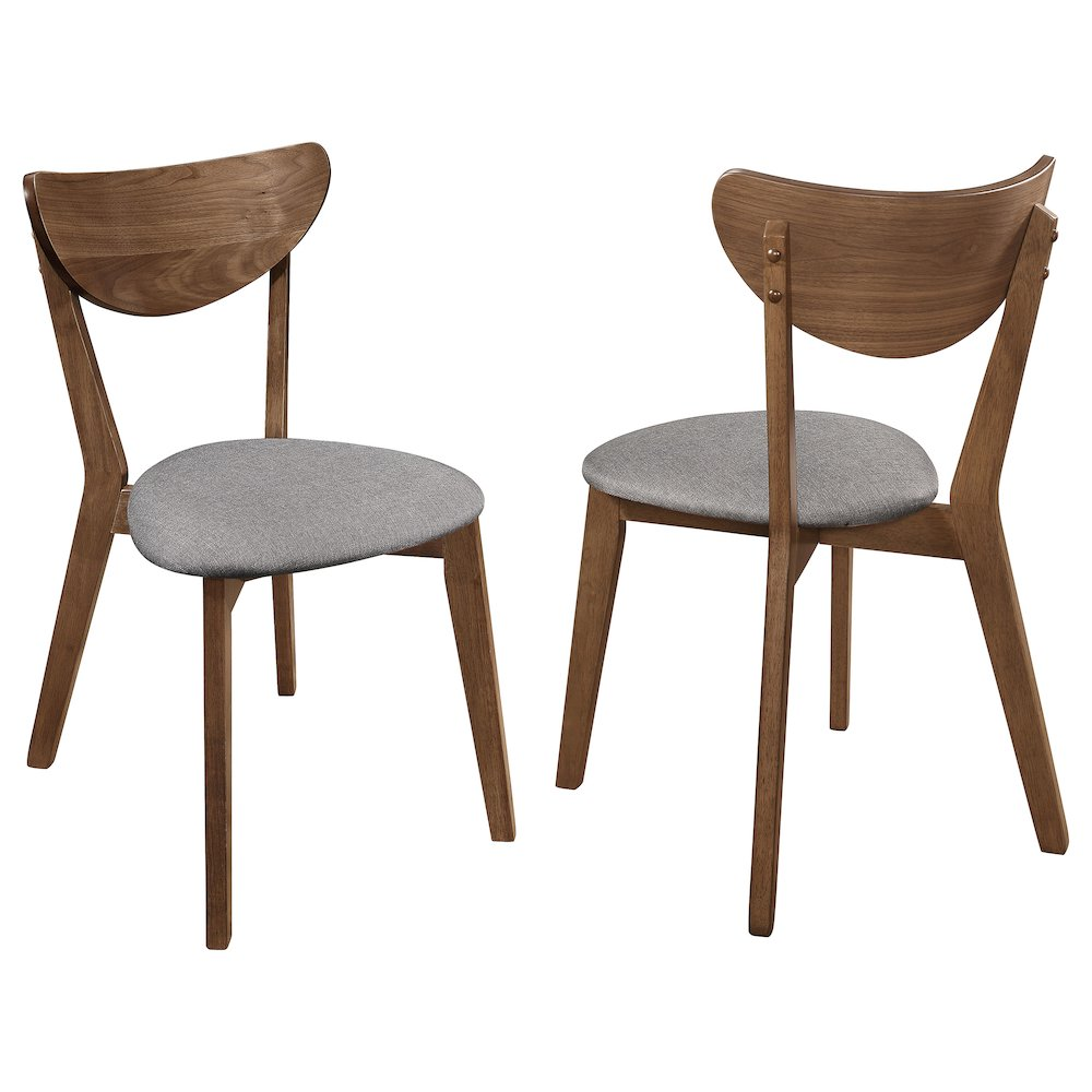 Set of two Alfredo dining side chairs by Start2Finish with grey upholstery and natural walnut wood legs, modern and stylish design.