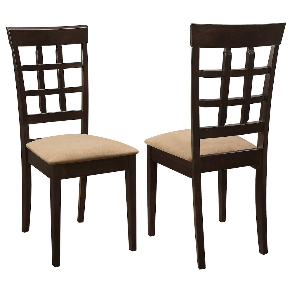 Pair of Gabriel lattice-back dining side chairs by Start2Finish in cappuccino finish, featuring wooden legs and upholstered seats.