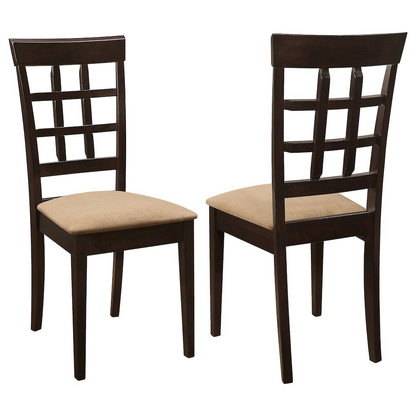 Pair of Gabriel lattice-back dining side chairs by Start2Finish in cappuccino finish, featuring wooden legs and upholstered seats.