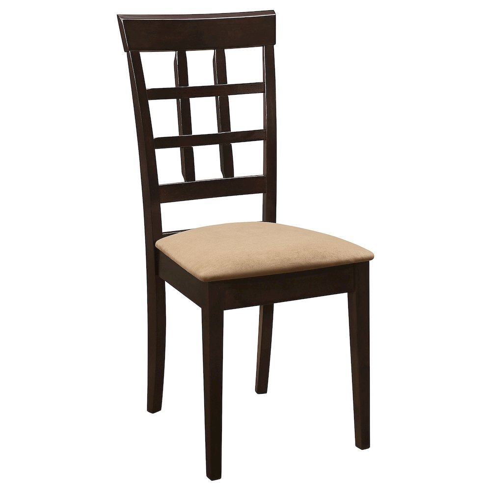 Pair of Start2Finish Gabriel lattice back dining side chairs in cappuccino finish, featuring wooden seats and decorative backrest design.