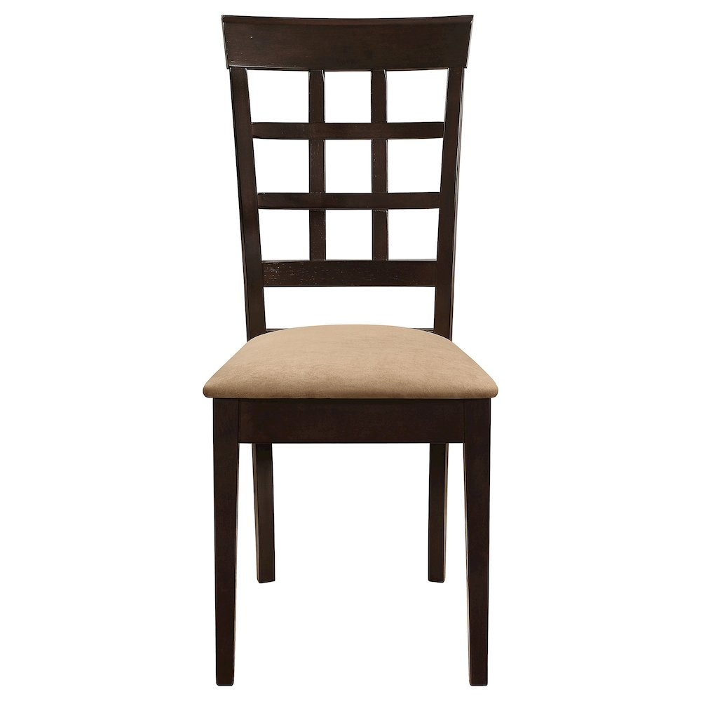 Pair of Gabriel lattice back dining side chairs by Start2Finish in cappuccino finish, featuring wooden frames and lattice design backs.