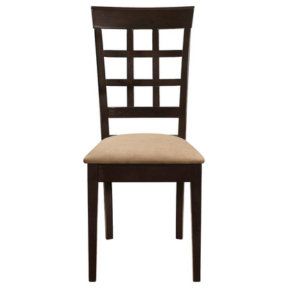 Pair of Gabriel lattice back dining side chairs by Start2Finish in cappuccino finish, featuring wooden frames and lattice design backs.