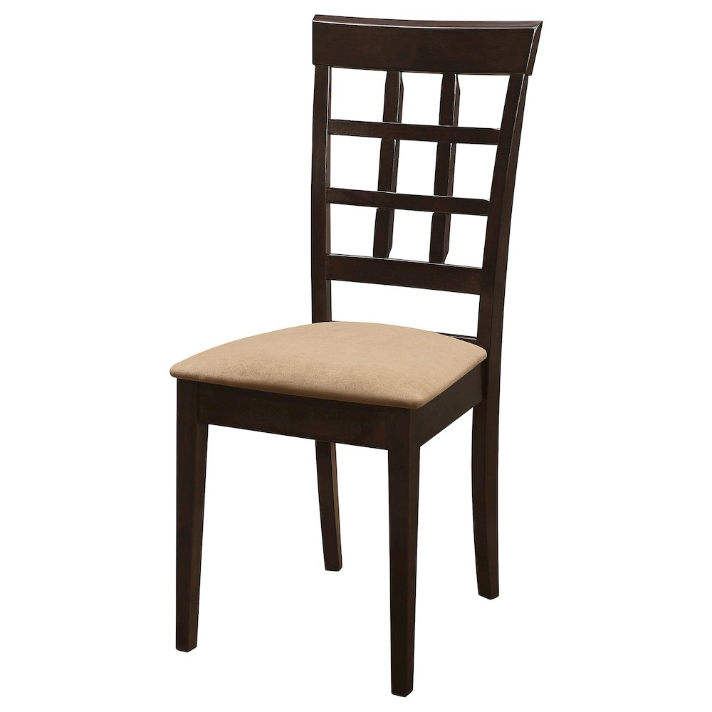 Set of two Start2Finish Gabriel lattice back dining side chairs in cappuccino finish with wooden legs and lattice back design.