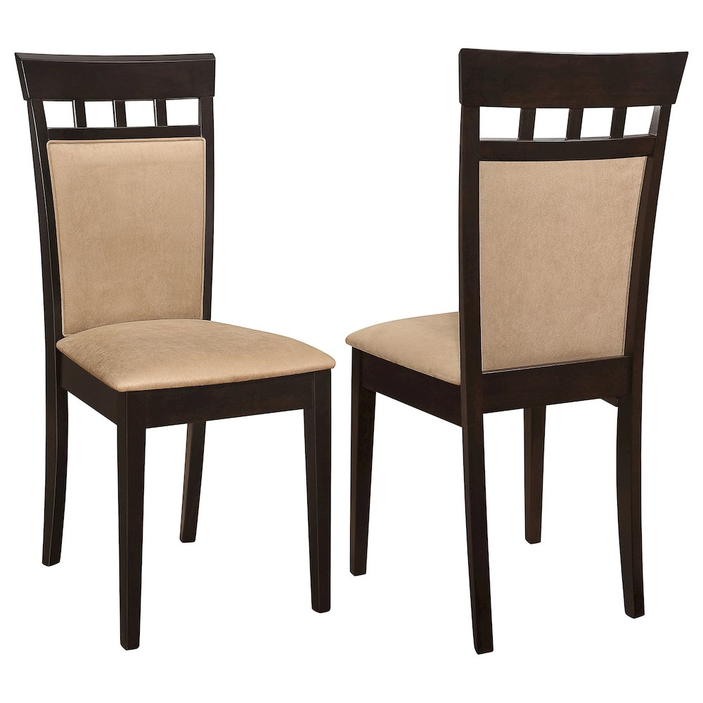 Set of two Gabriel closed back dining side chairs in cappuccino finish with cushioned seats and wooden legs, modern dining room style.