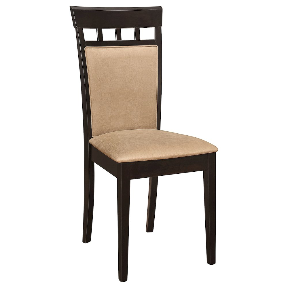 Set of two Gabriel closed back dining side chairs by Start2Finish in cappuccino finish, featuring upholstered seats and wooden legs.