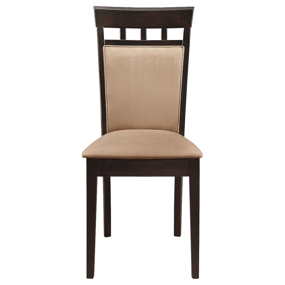 Set of two Gabriel closed back dining side chairs by Start2Finish in cappuccino finish, showcasing cushioned seats and wooden legs.
