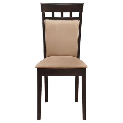 Set of two Gabriel closed back dining side chairs by Start2Finish in cappuccino finish, showcasing cushioned seats and wooden legs.