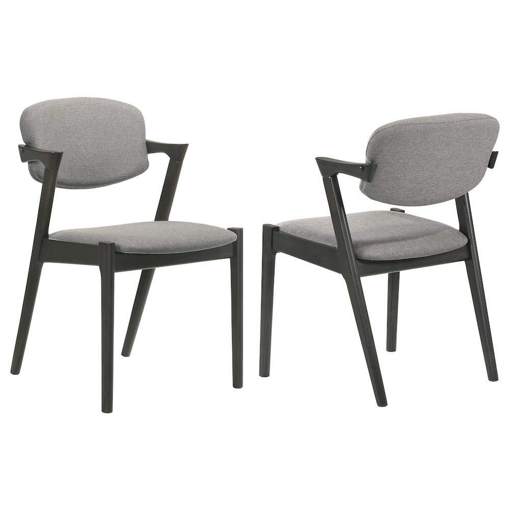 Pair of Start2Finish Stevie padded wood dining arm chairs in black with cushioned seats and curved armrests.