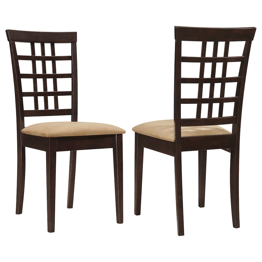 Set of two Kelso lattice back dining side chairs in cappuccino finish with wooden legs, modern design, and lattice back detail.