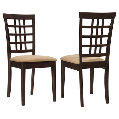 Set of two Kelso lattice back dining side chairs in cappuccino finish with wooden legs, modern design, and lattice back detail.