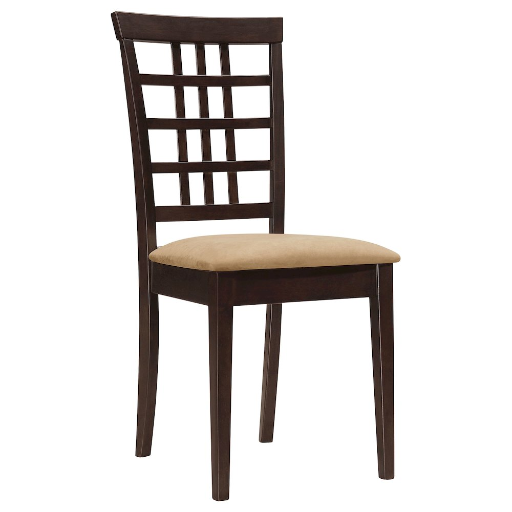 Set of two Kelso lattice back dining side chairs in cappuccino finish, with wooden legs and lattice design on the backrest.