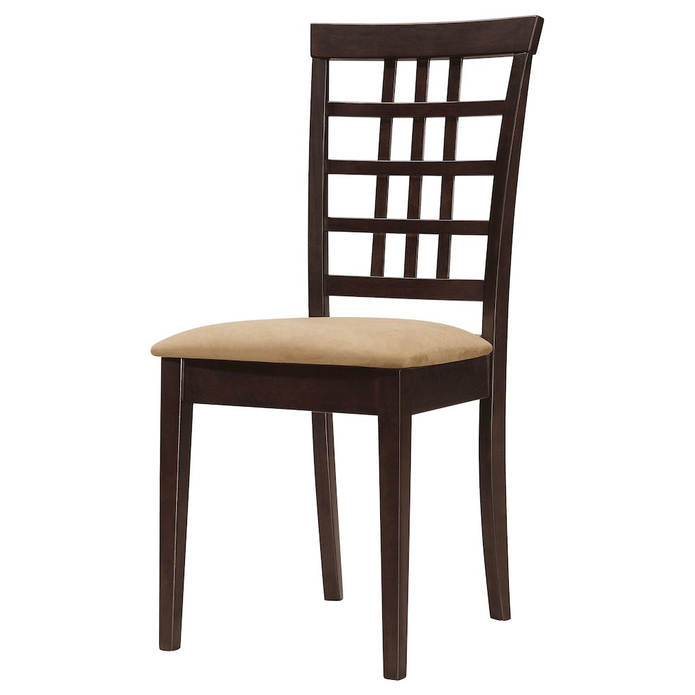 Set of two Kelso lattice back dining side chairs in cappuccino finish, featuring wooden seats and lattice back design.