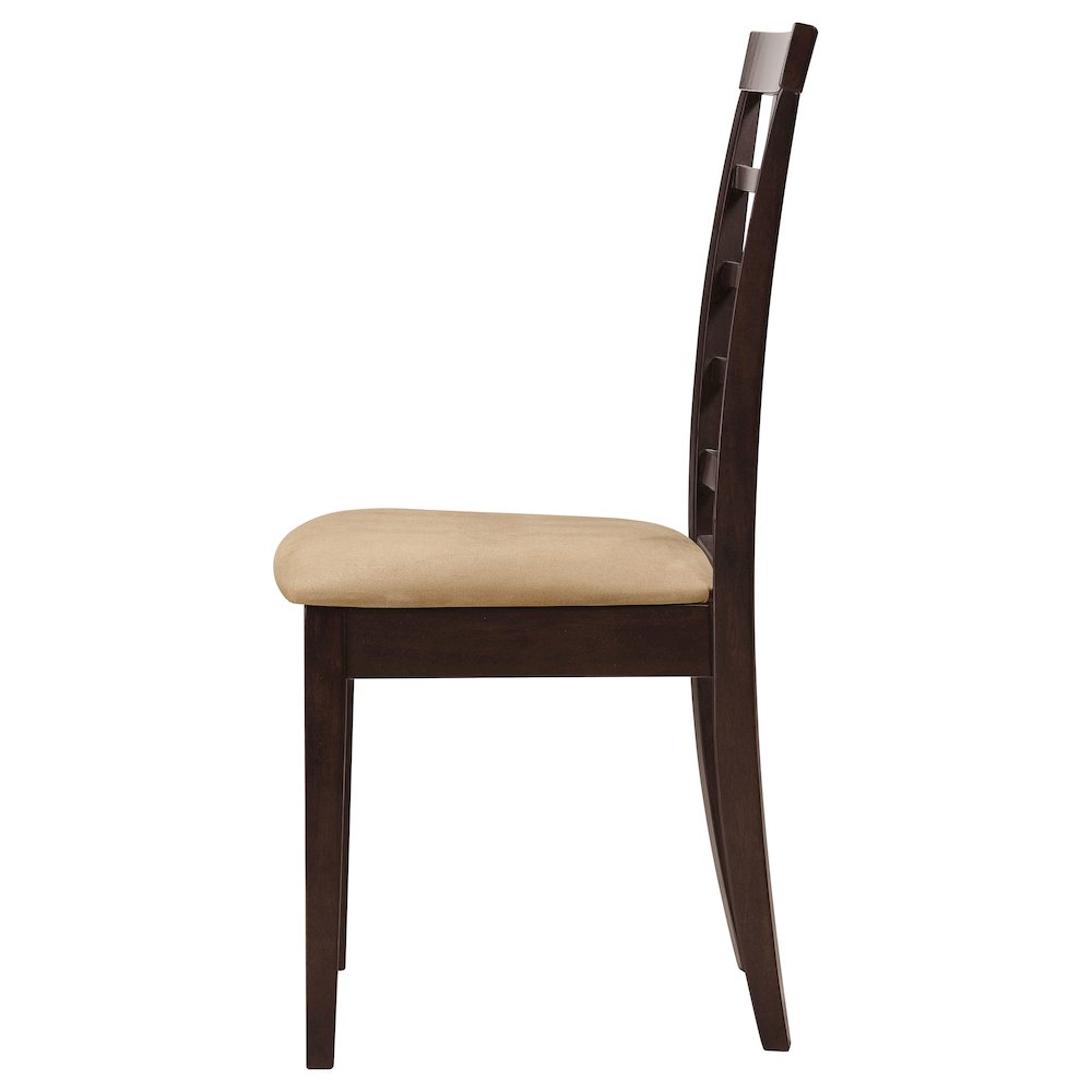 Set of two Kelso lattice back dining side chairs in cappuccino finish with wooden legs and lattice-patterned backs from Start2Finish.