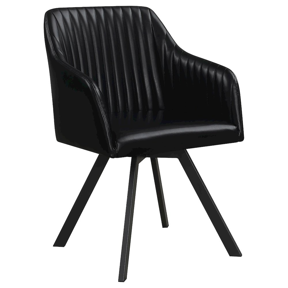 Black Arika leatherette upholstered swivel dining arm chair with armrests and a sturdy base