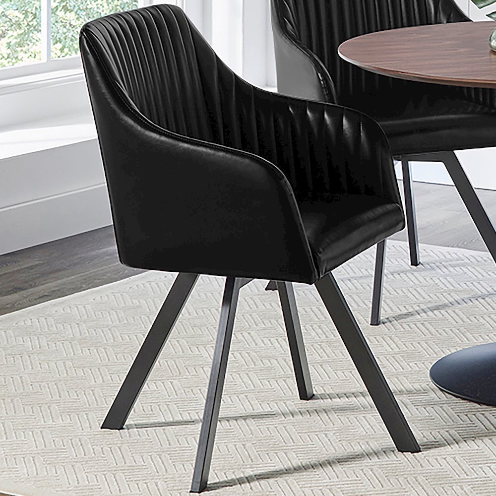 Start2Finish Arika black leatherette swivel dining arm chair with upholstered seat and back, featuring a modern design and armrests.