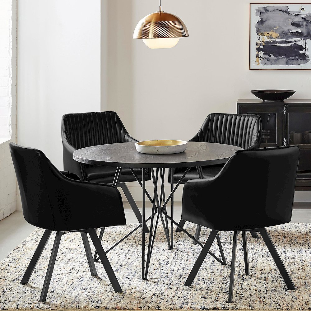 Black Arika leatherette upholstered swivel dining arm chair with cushioned seat and armrests, sturdy base for comfortable dining.