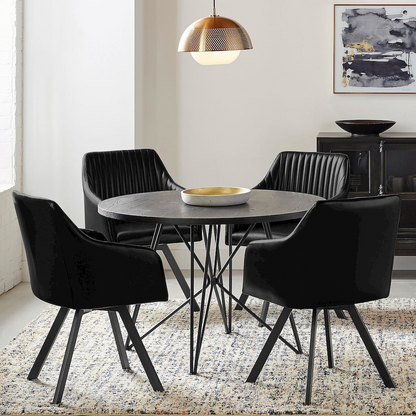 Black Arika leatherette upholstered swivel dining arm chair with cushioned seat and armrests, sturdy base for comfortable dining.