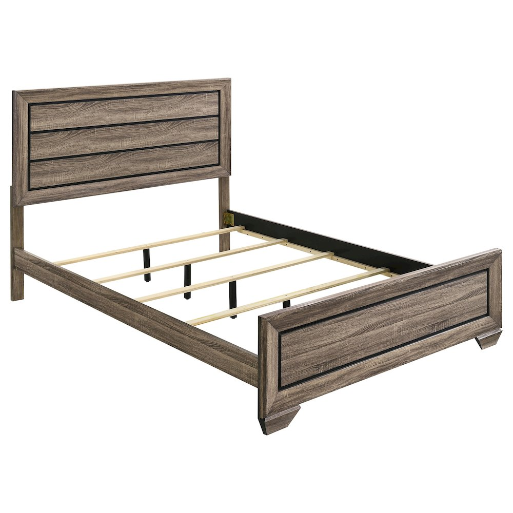 Kauffman Wood Queen Panel Bed in washed taupe finish by Start2Finish, showcasing its elegant wooden headboard and frame.