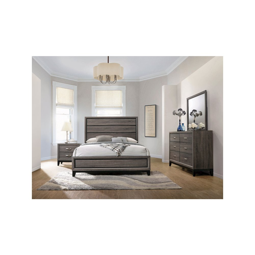 Watson 4-piece Queen Bedroom Set in Grey Oak, including bed frame, dresser, nightstands, and mirror, by Start2Finish.