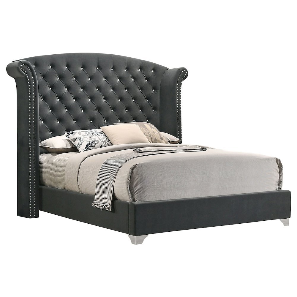 Gray Melody upholstered queen wingback bed by Start2Finish with padded headboard and elegant winged sides