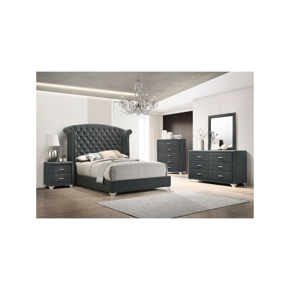 Grey Melody upholstered queen wingback bed by Start2Finish with padded headboard and elegant design.