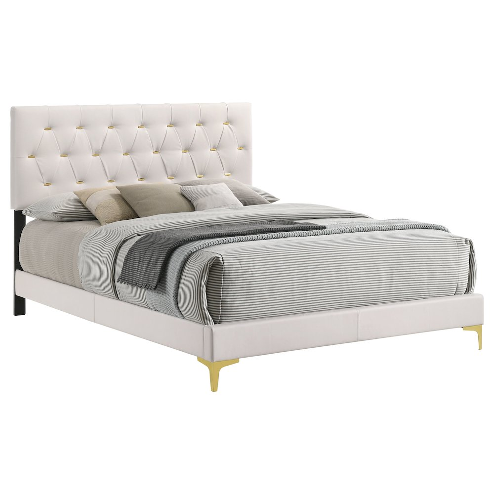 White Kendall upholstered California King panel bed by Start2Finish with padded headboard and sleek wooden frame.