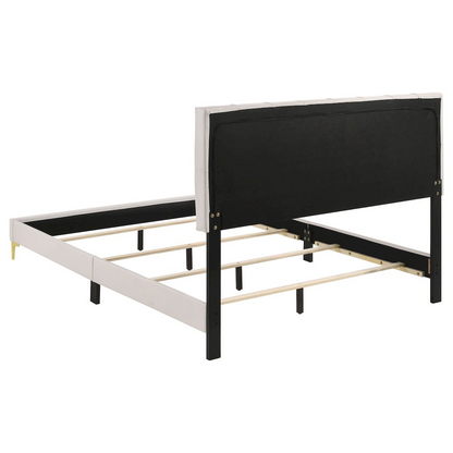 White Kendall Upholstered California King Panel Bed by Start2Finish, showcasing a modern upholstered bed with clean lines and a panel headboard.
