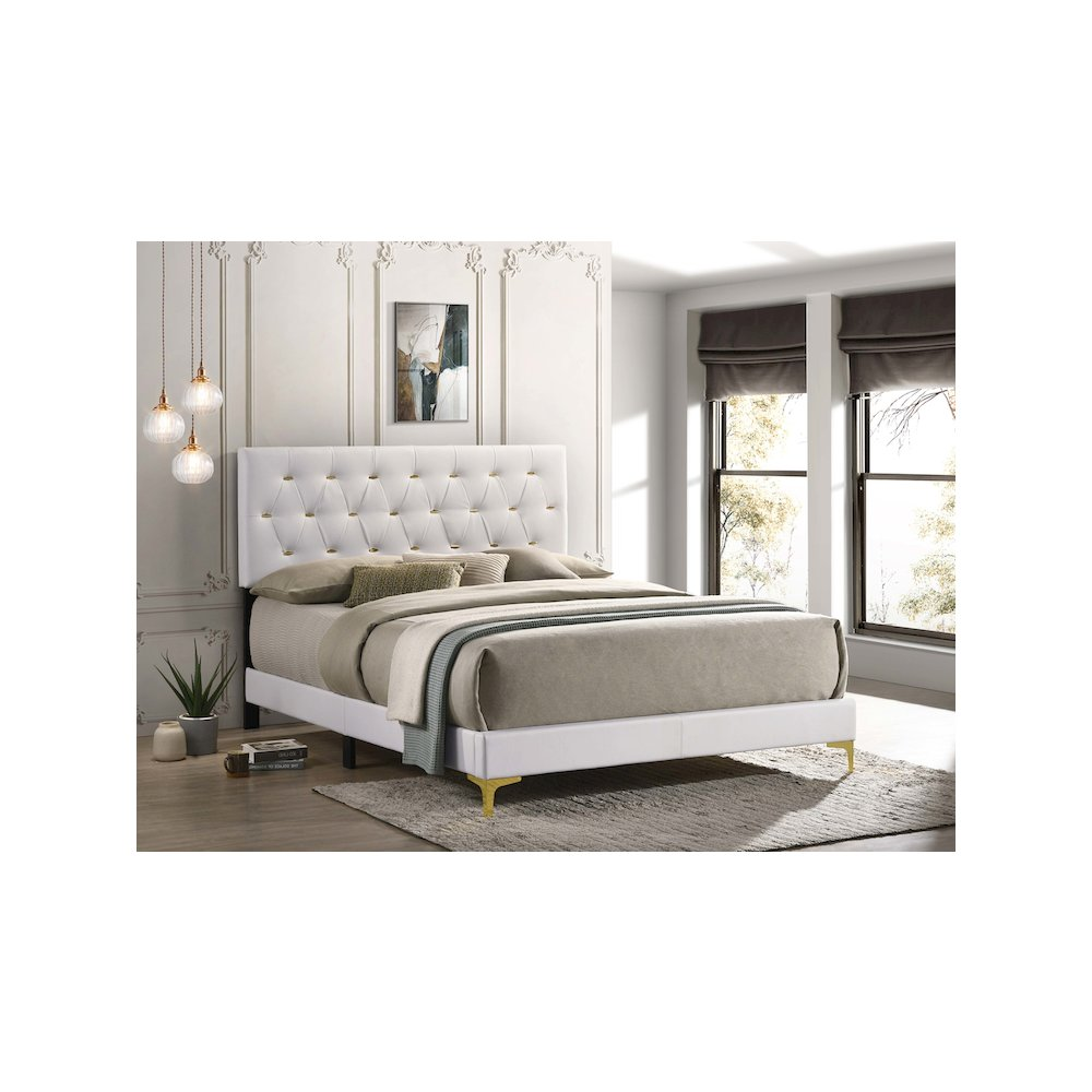 Kendall upholstered California King panel bed in white with a padded headboard and sleek design, by Start2Finish.