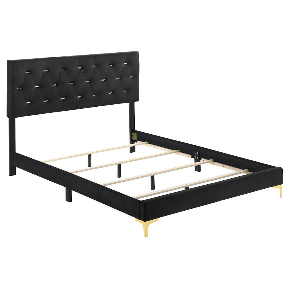Black Kendall California King Upholstered Panel Bed by Start2Finish with padded headboard and sleek design.