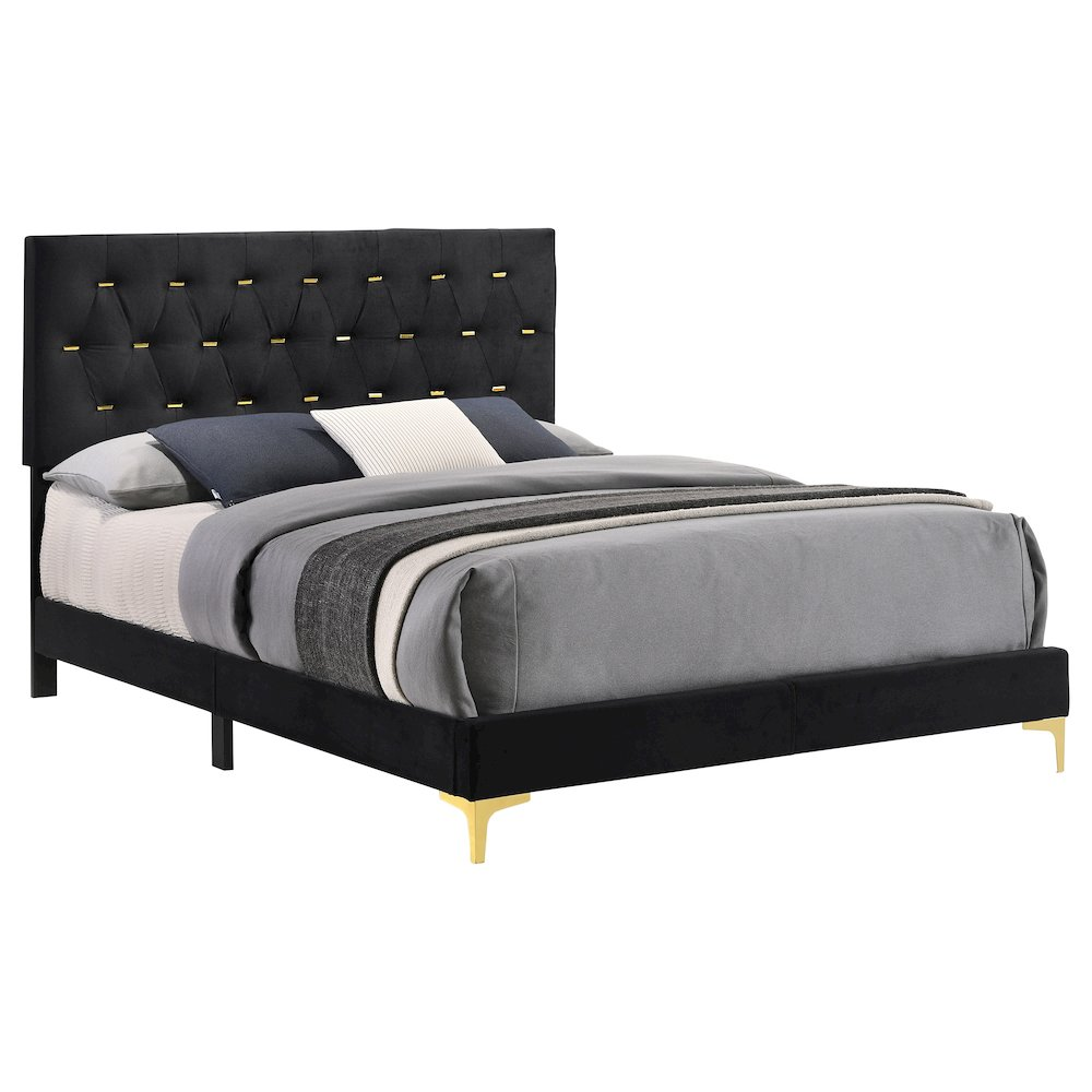 Black Kendall California King Upholstered Panel Bed by Start2Finish with padded headboard and sleek modern design.