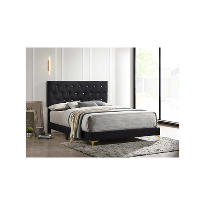 Black Kendall upholstered queen panel bed by Start2Finish, featuring a plush, padded headboard and elegant furniture design.