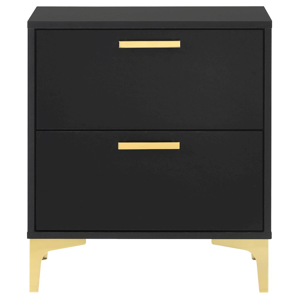 Black Kendall 2-drawer nightstand from Start2Finish with sleek design and modern hardware, shown in a well-lit room setting.