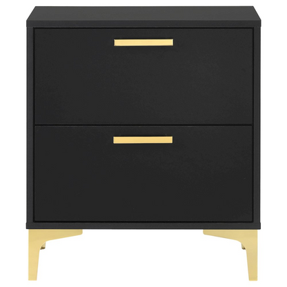 Black Kendall 2-drawer nightstand from Start2Finish with sleek design and modern hardware, shown in a well-lit room setting.