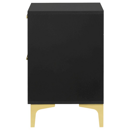 Black Kendall 2-drawer nightstand by Start2Finish with sleek design and metal handles, shown with a nightstand in a bedroom setting.