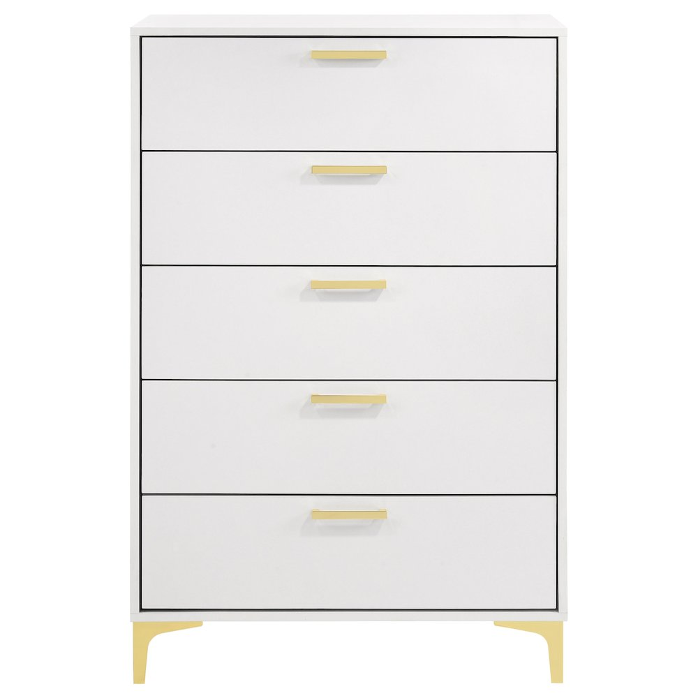 Start2Finish Kendall 5-drawer white bedroom chest with sleek design and ample storage, shown in a modern bedroom setting.