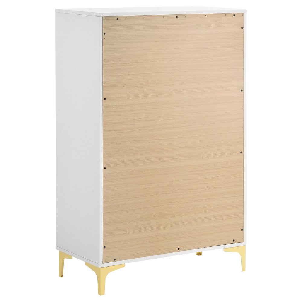 White Kendall 5-drawer bedroom chest by Start2Finish featuring sleek design and ample storage space.