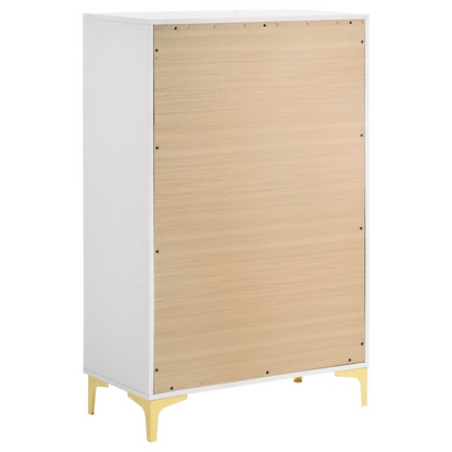 White Kendall 5-drawer bedroom chest by Start2Finish featuring sleek design and ample storage space.